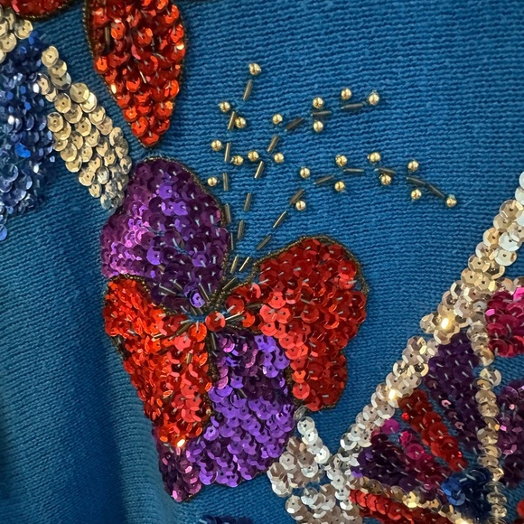 Vintage 90’s Sequin Embellished Blue Knit Grannycore Ramie Cotton Sweater Med - Picture 10 of 15